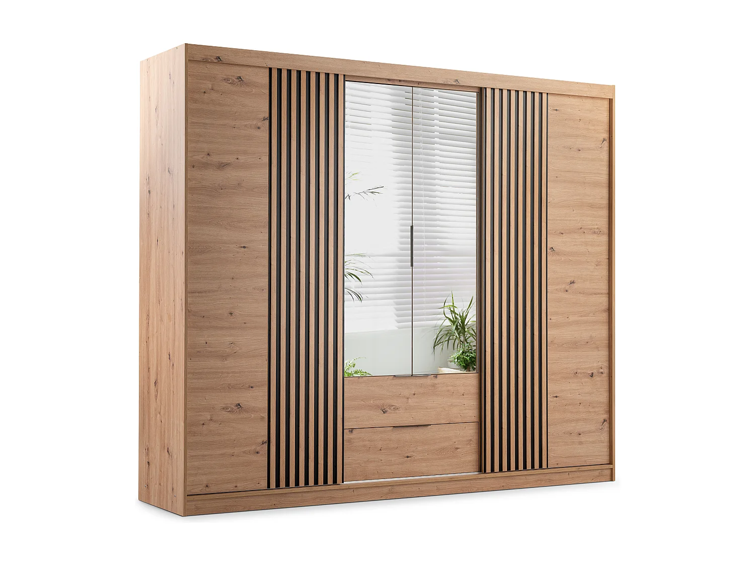 Armoire 4 portes et 2 tiroirs - Avec miroir - L250 cm - Coloris : Naturel - SIDOVIA