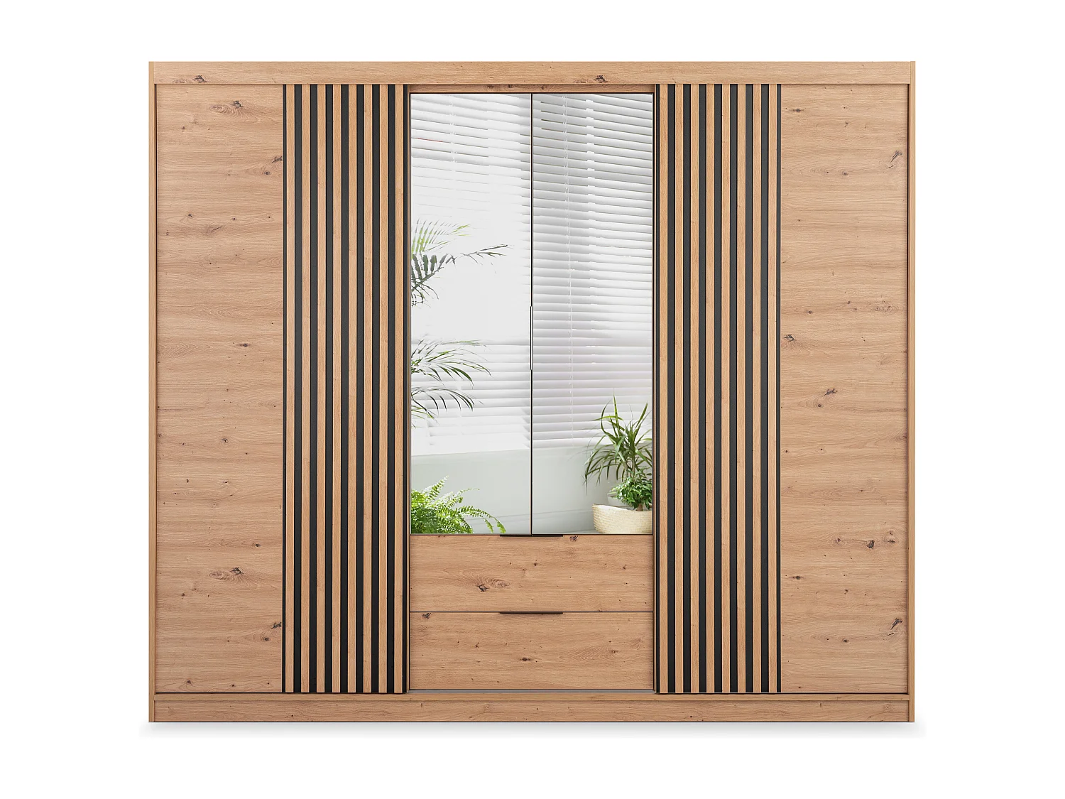 Armoire 4 portes et 2 tiroirs - Avec miroir - L250 cm - Coloris : Naturel - SIDOVIA