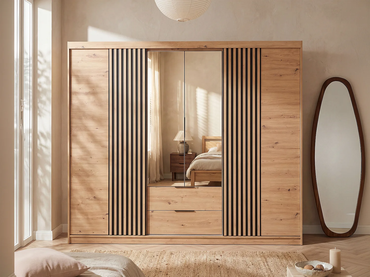 4-Door and 2-Drawer Wardrobe - With Mirror - W250 cm - Colour: Natural - SIDOVIA