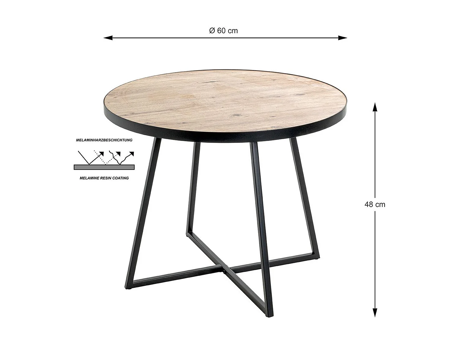 Table d'appoint, Table de salon ronde en bois chêne et métal noir  - diamètre 60  x hauteur 48 cm