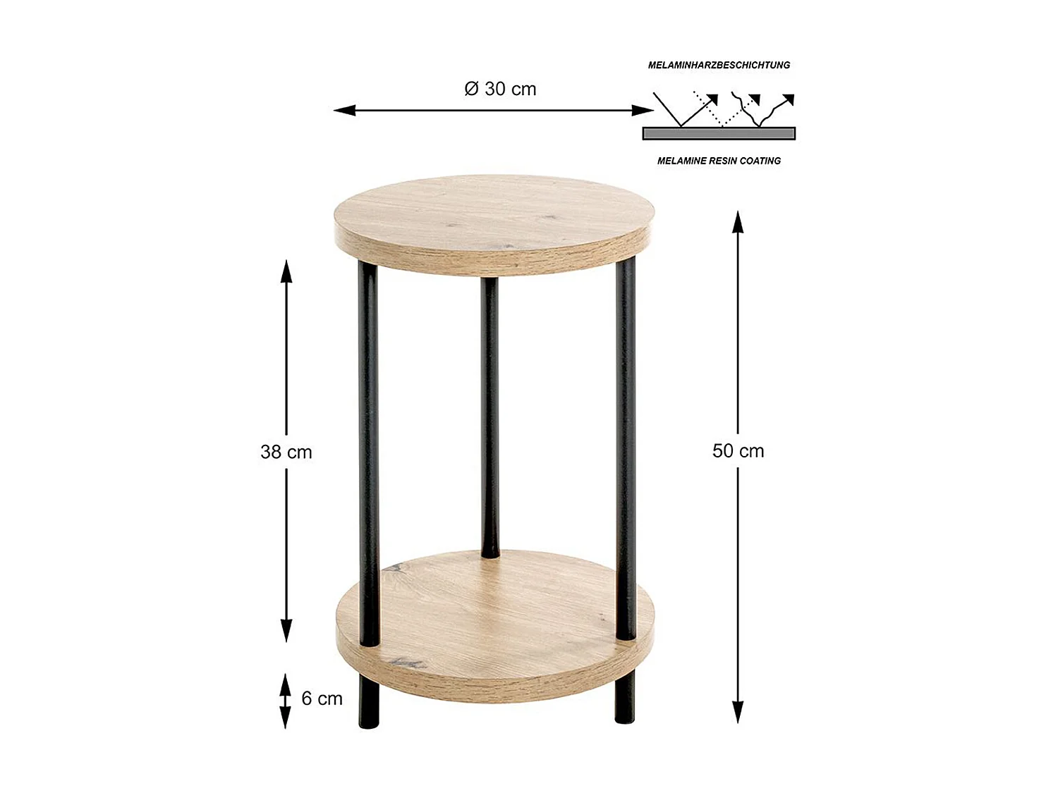Table d'appoint, Table de salon ronde en bois chêne et métal noir  - diamètre 30 x hauteur 50 cm