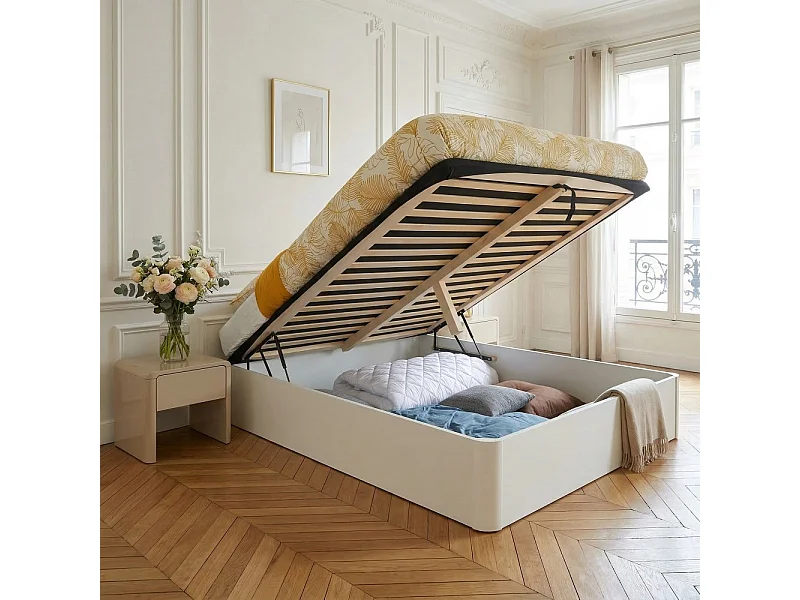 LIT COFFRE SPIRO 140x190cm + 1 SOMMIER / BLANC