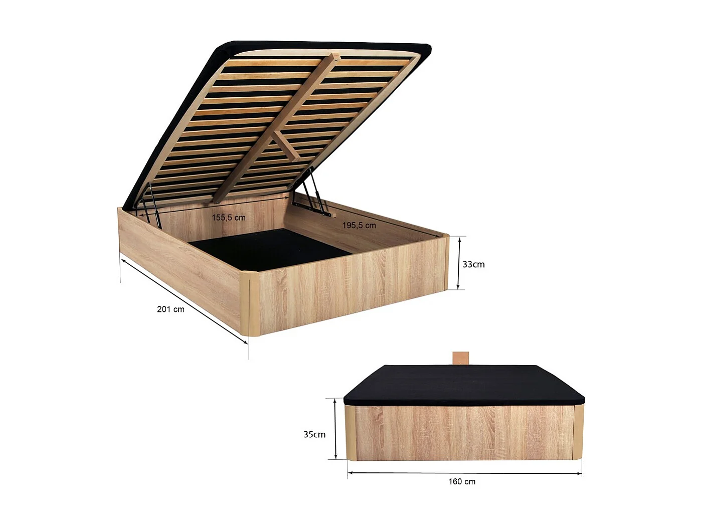 LIT COFFRE SPIRO 160x200cm + 1 SOMMIER / Décor Chêne Blanchi