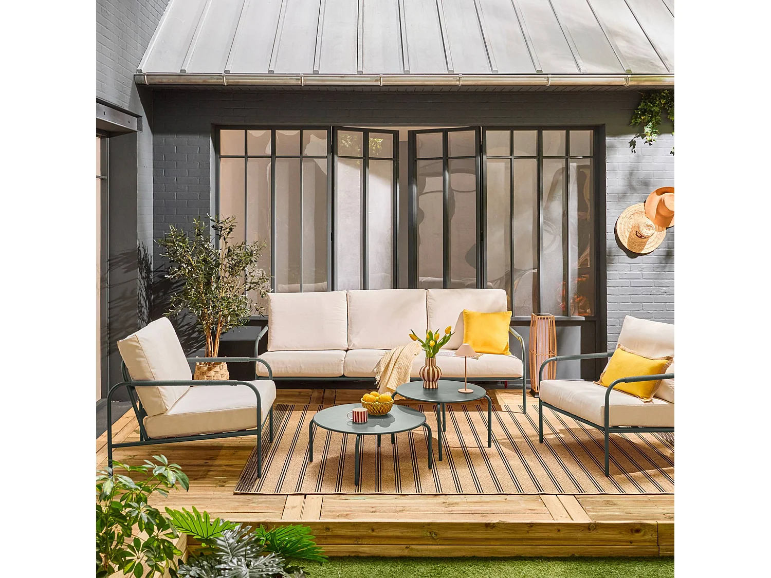 Set da giardino in acciaio, 5 persone, verde kaki