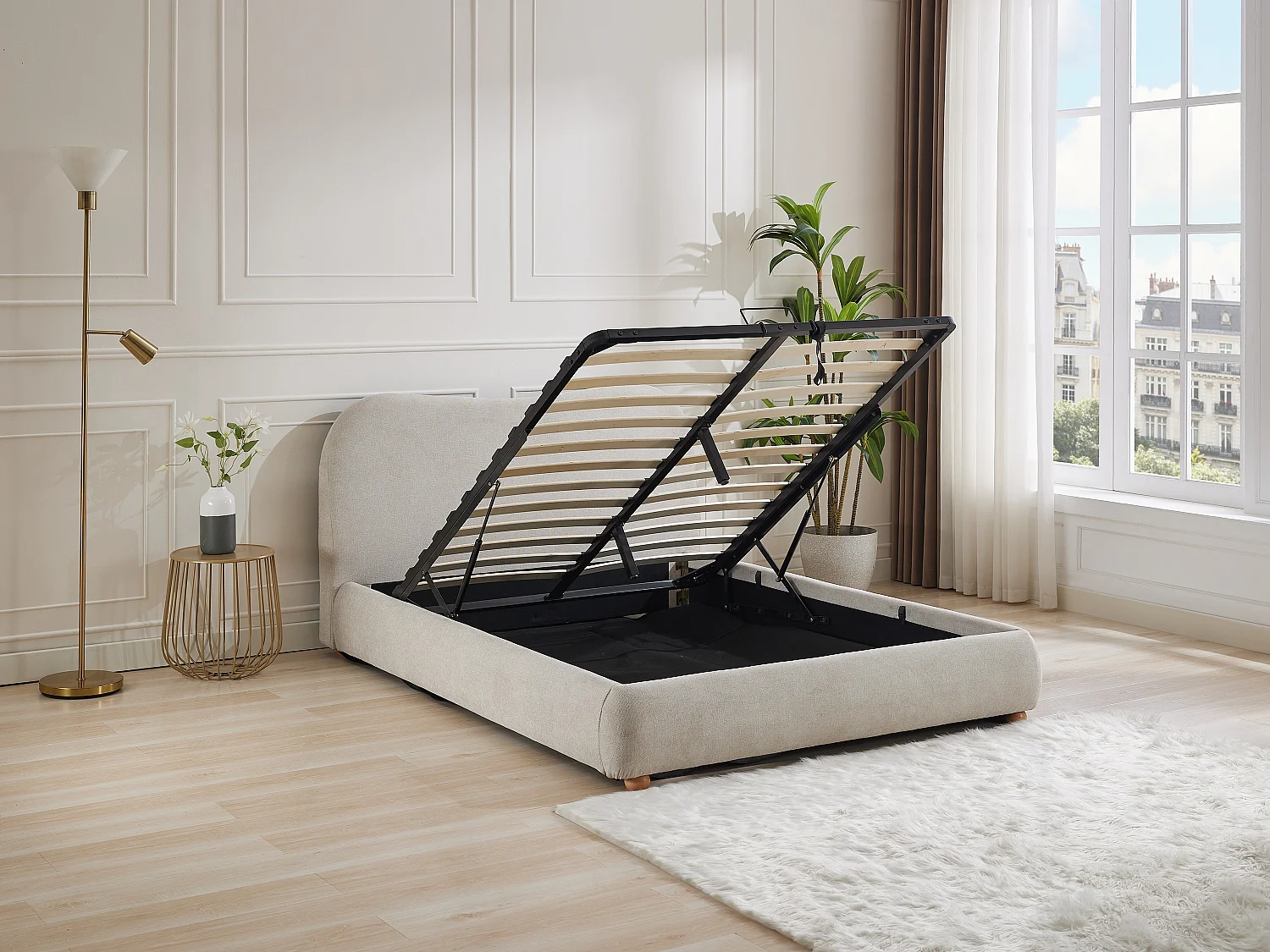 Lit coffre 140 x 190 cm - Tissu - Beige + Matelas - VANARI