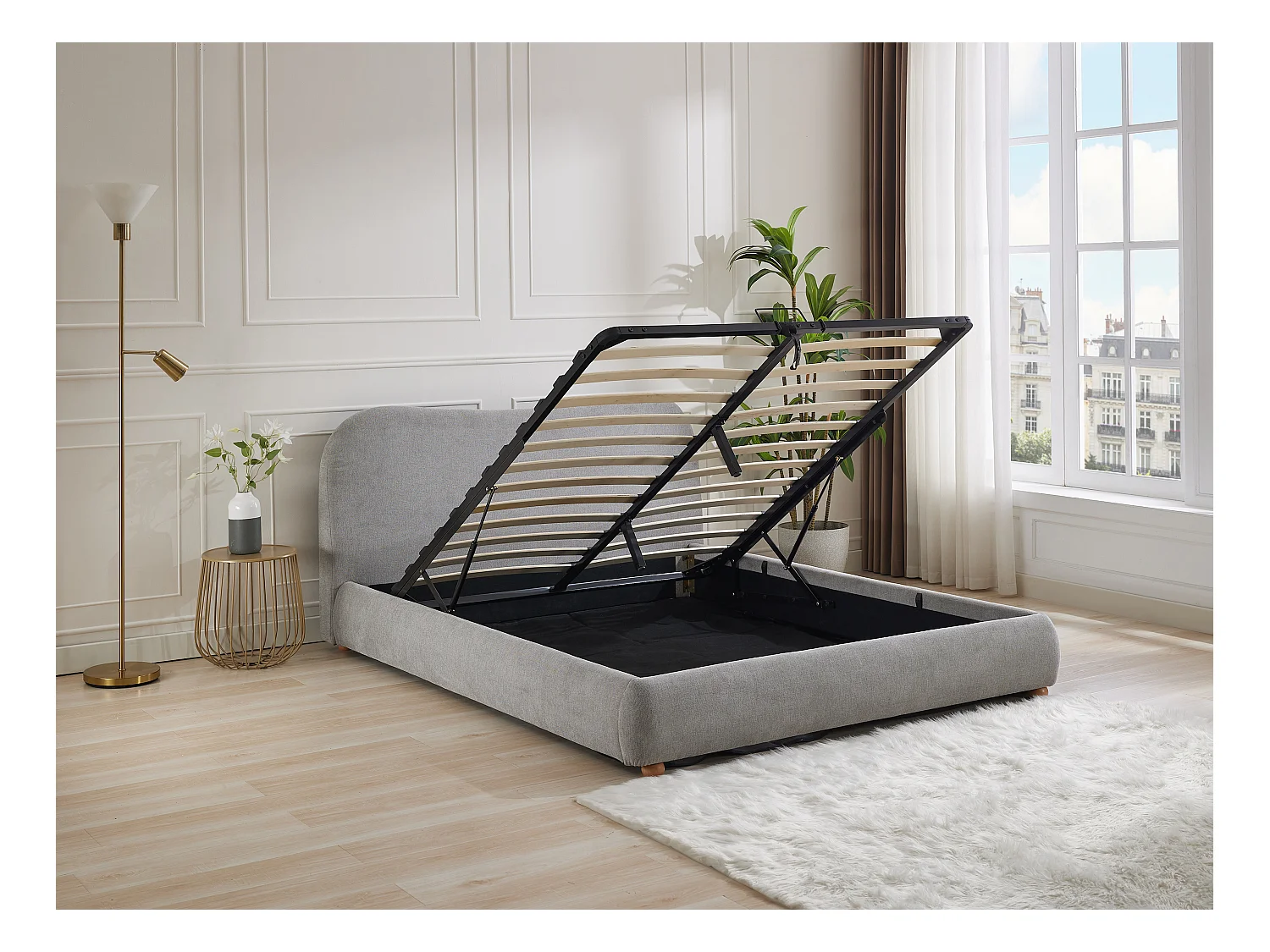 Bed met opbergruimte 160 x 200 cm - Stof - Lichtgrijs + matras - VANARI