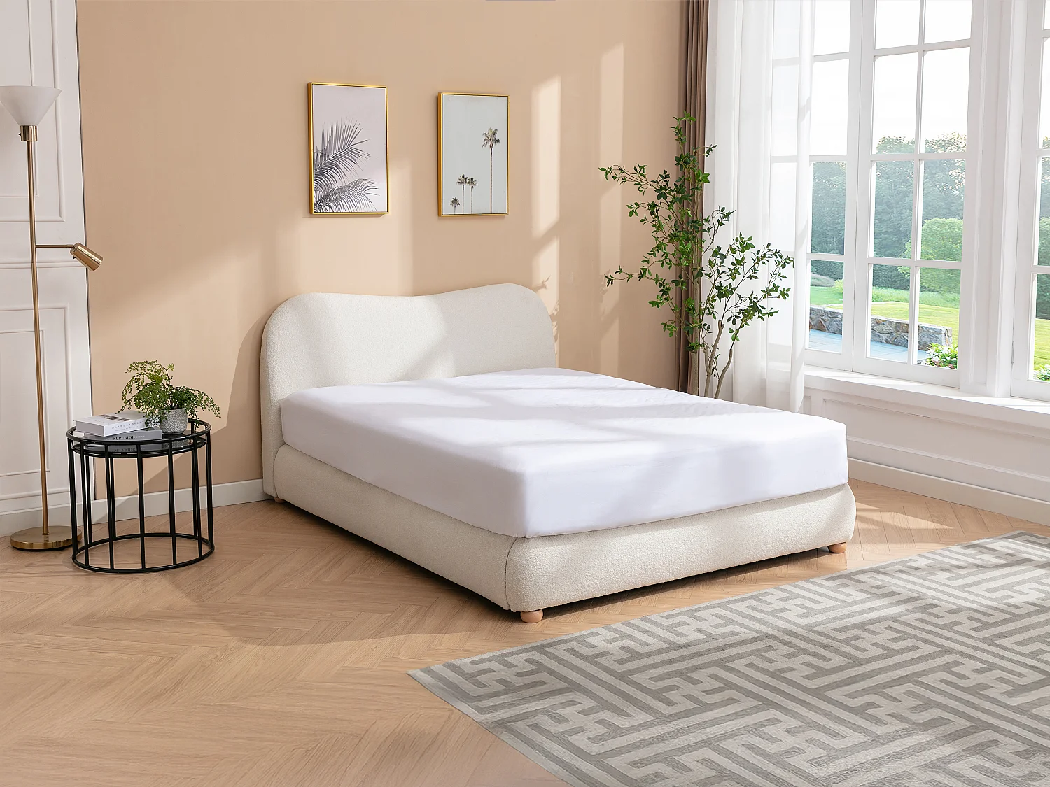 Lit coffre 120 x 190 cm - Tissu bouclette - Blanc + Matelas - VANARI