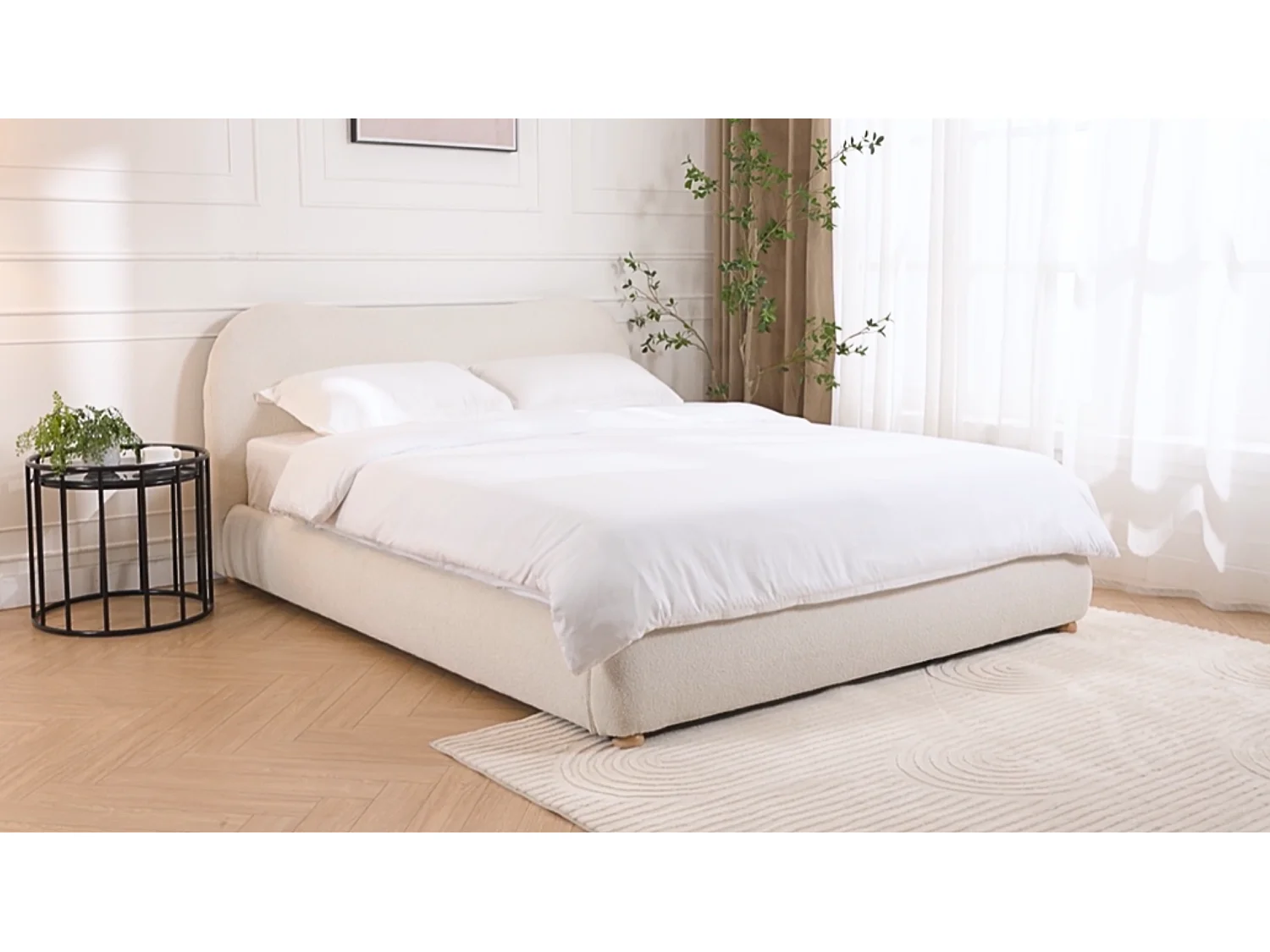 Seng med oppbevaring 120 x 190 cm - Boucléstoff - Hvit + Madrass - VANARI