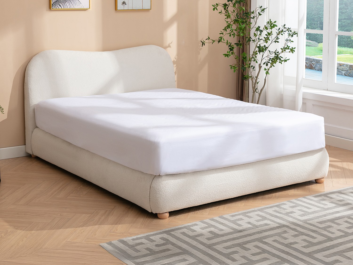 Seng med oppbevaring 120 x 190 cm - Boucléstoff - Hvit + Madrass - VANARI
