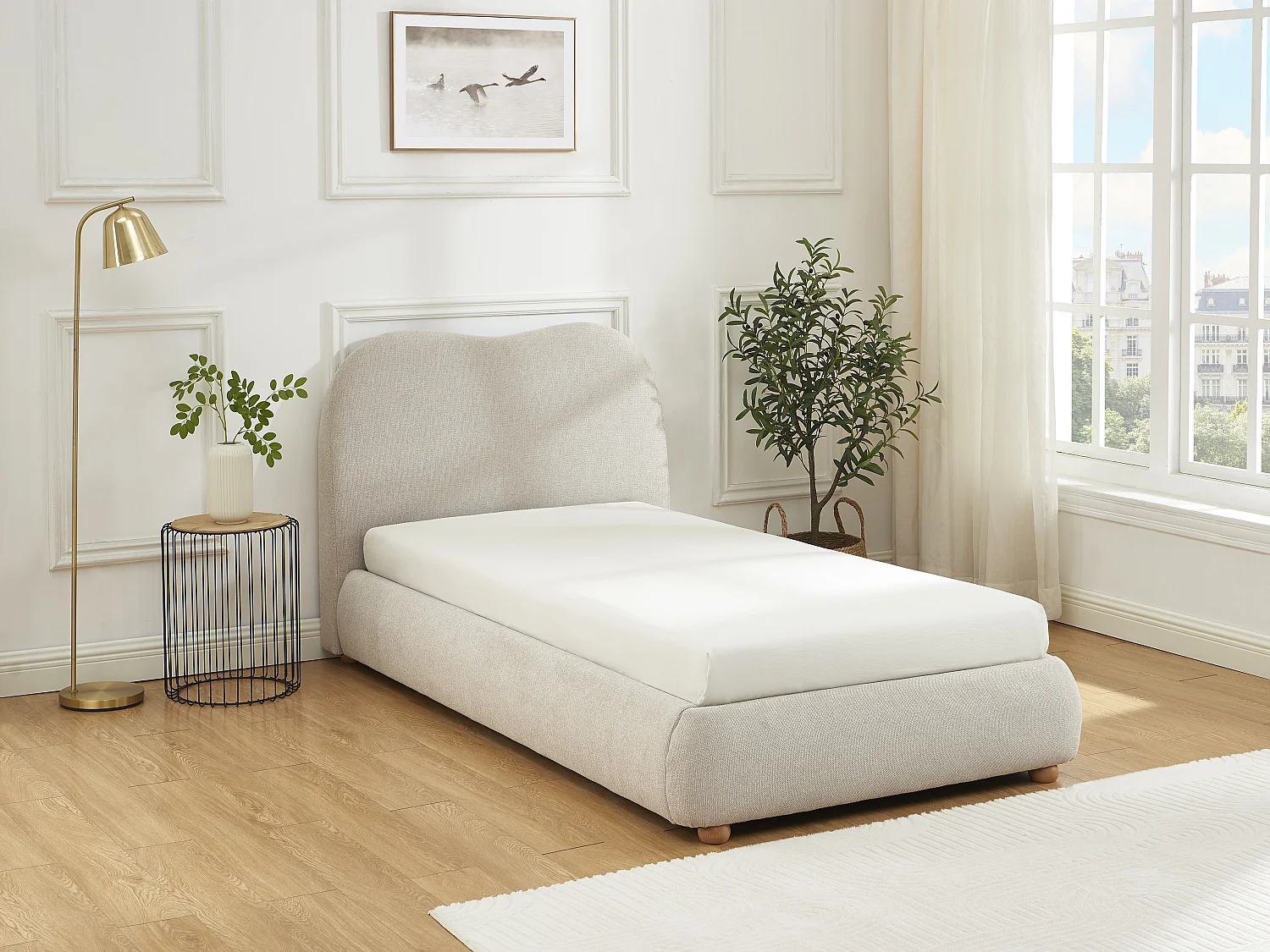 Lit coffre 90 x 190 cm - Tissu - Beige + Matelas - VANARI
