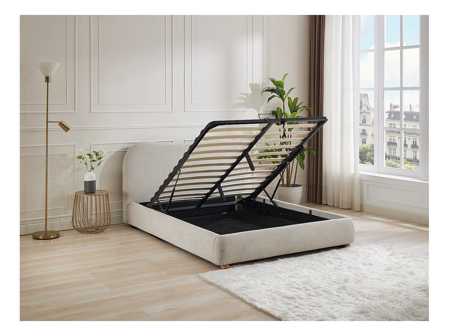 Lit coffre 120 x 190 cm - Tissu - Beige + Matelas - VANARI