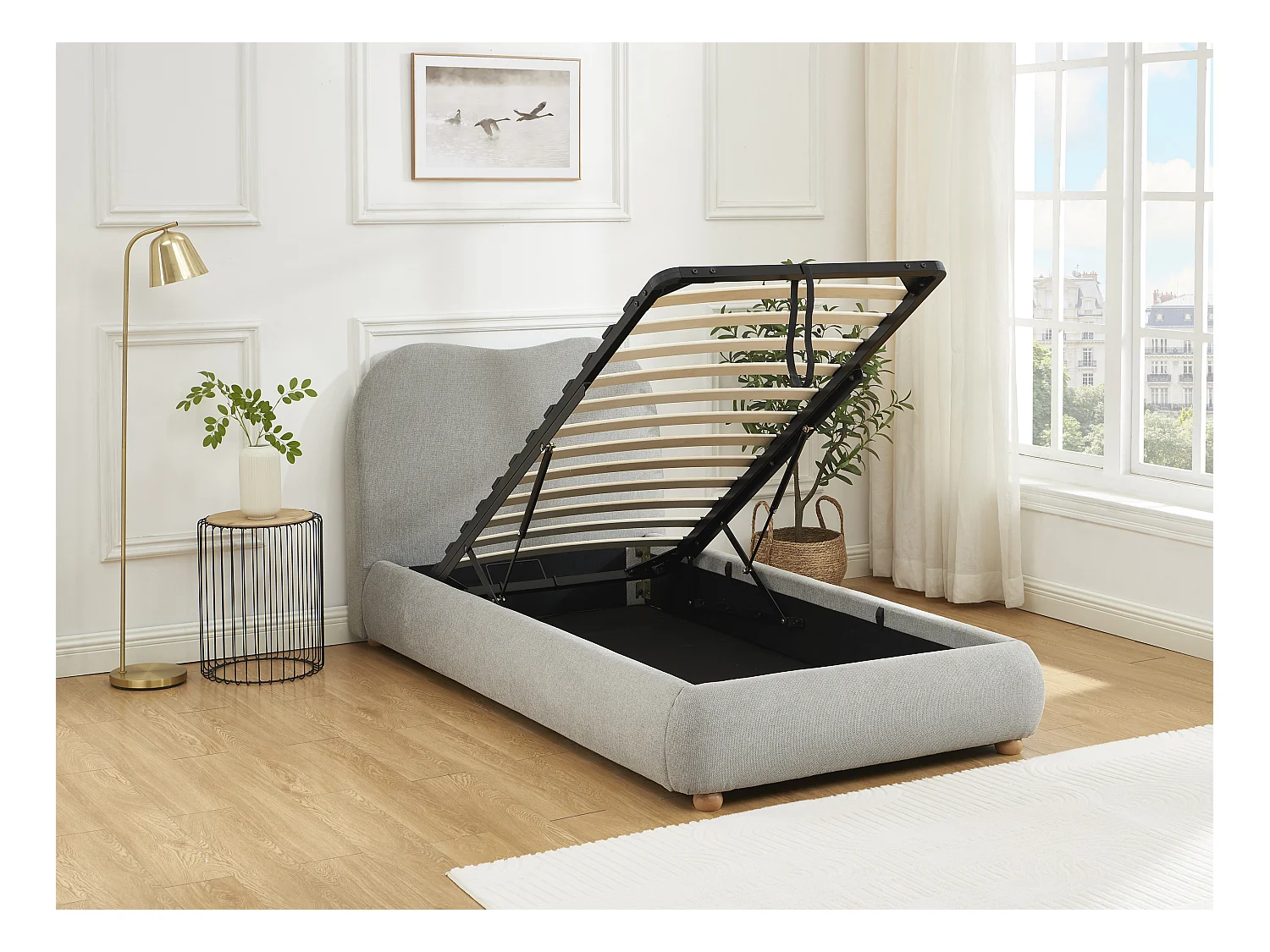 Bed met opbergruimte 90 x 190 cm - Stof - Lichtgrijs + matras - VANARI
