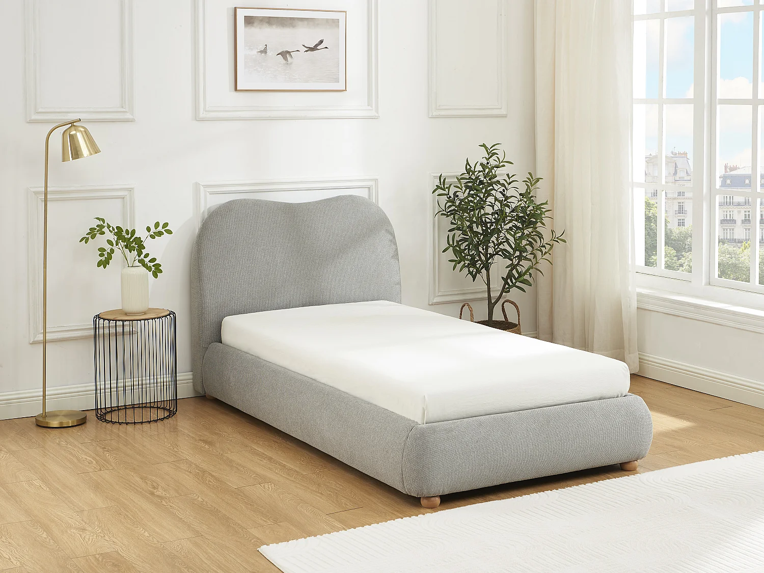 Lit coffre 90 x 190 cm - Tissu - Gris clair + Matelas - VANARI