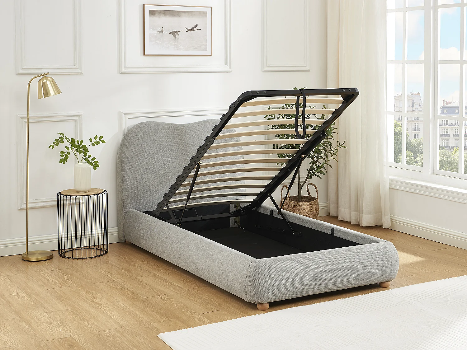 Lit coffre 90 x 190 cm - Tissu - Gris clair + Matelas - VANARI