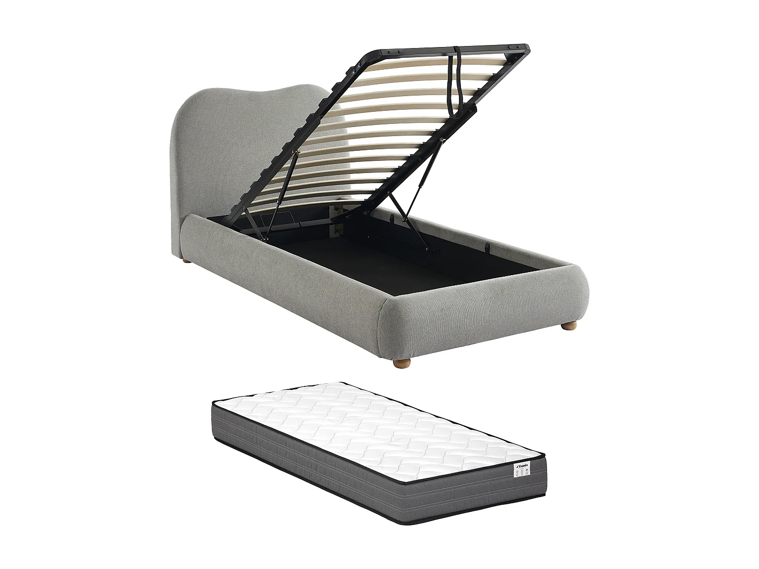 Lit coffre 90 x 190 cm - Tissu - Gris clair + Matelas - VANARI