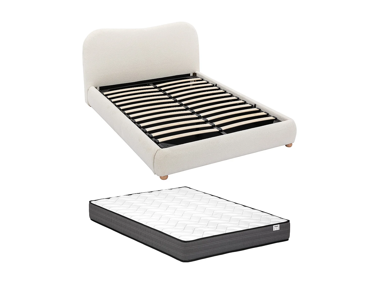 Lit coffre 180 x 200 cm - Tissu bouclette - Blanc + Matelas - VANARI