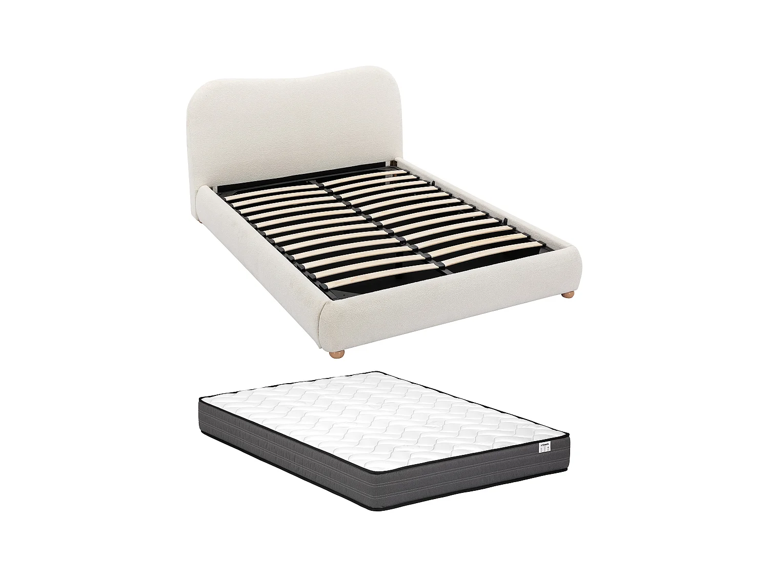 Lit coffre 180 x 200 cm - Tissu bouclette - Blanc + Matelas - VANARI