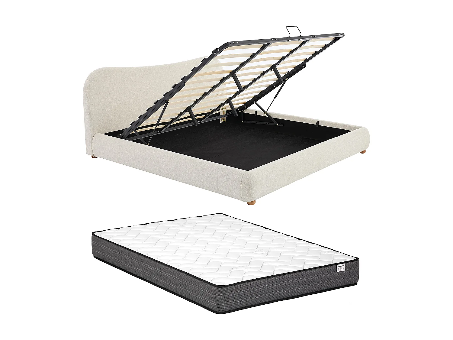 Lit coffre 180 x 200 cm - Tissu bouclette - Blanc + Matelas - VANARI