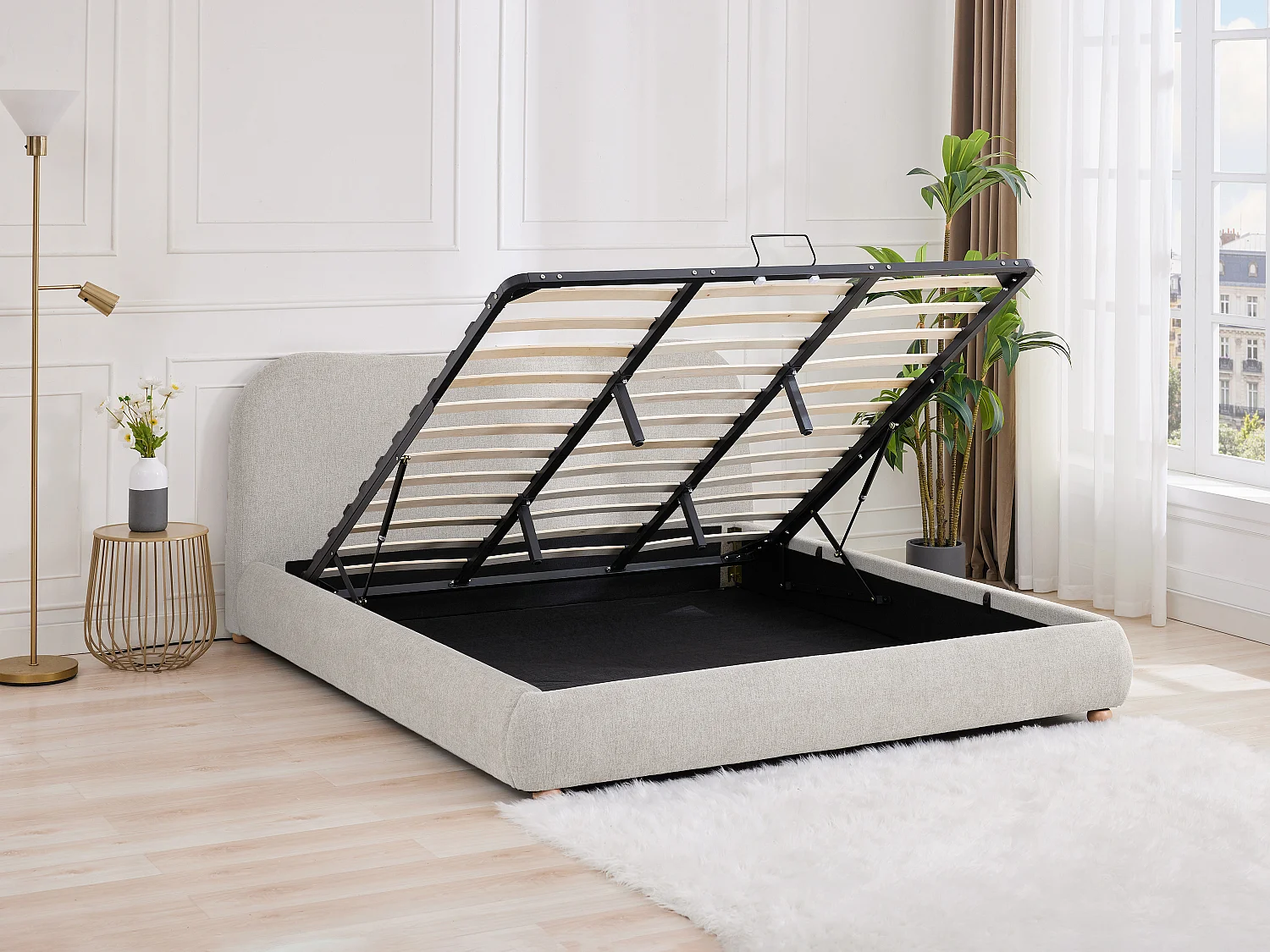 Lit coffre 180 x 200 cm - Tissu - Beige + Matelas - VANARI