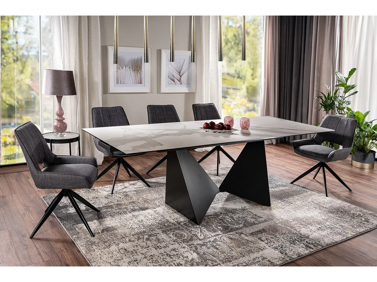 Table à manger Peterson (90x160-240)/céramique/Blanc&Noir