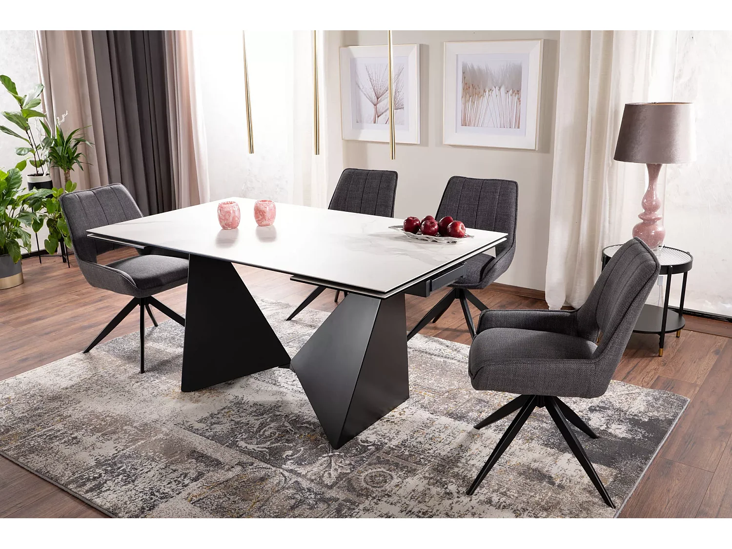 Table à manger Peterson (90x160-240)/céramique/Blanc&Noir