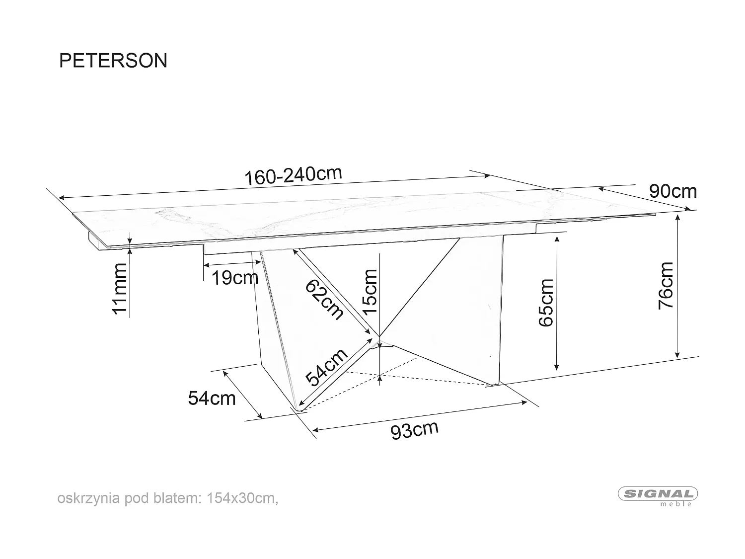 Table à manger Peterson (90x160-240)/céramique/Blanc&Noir