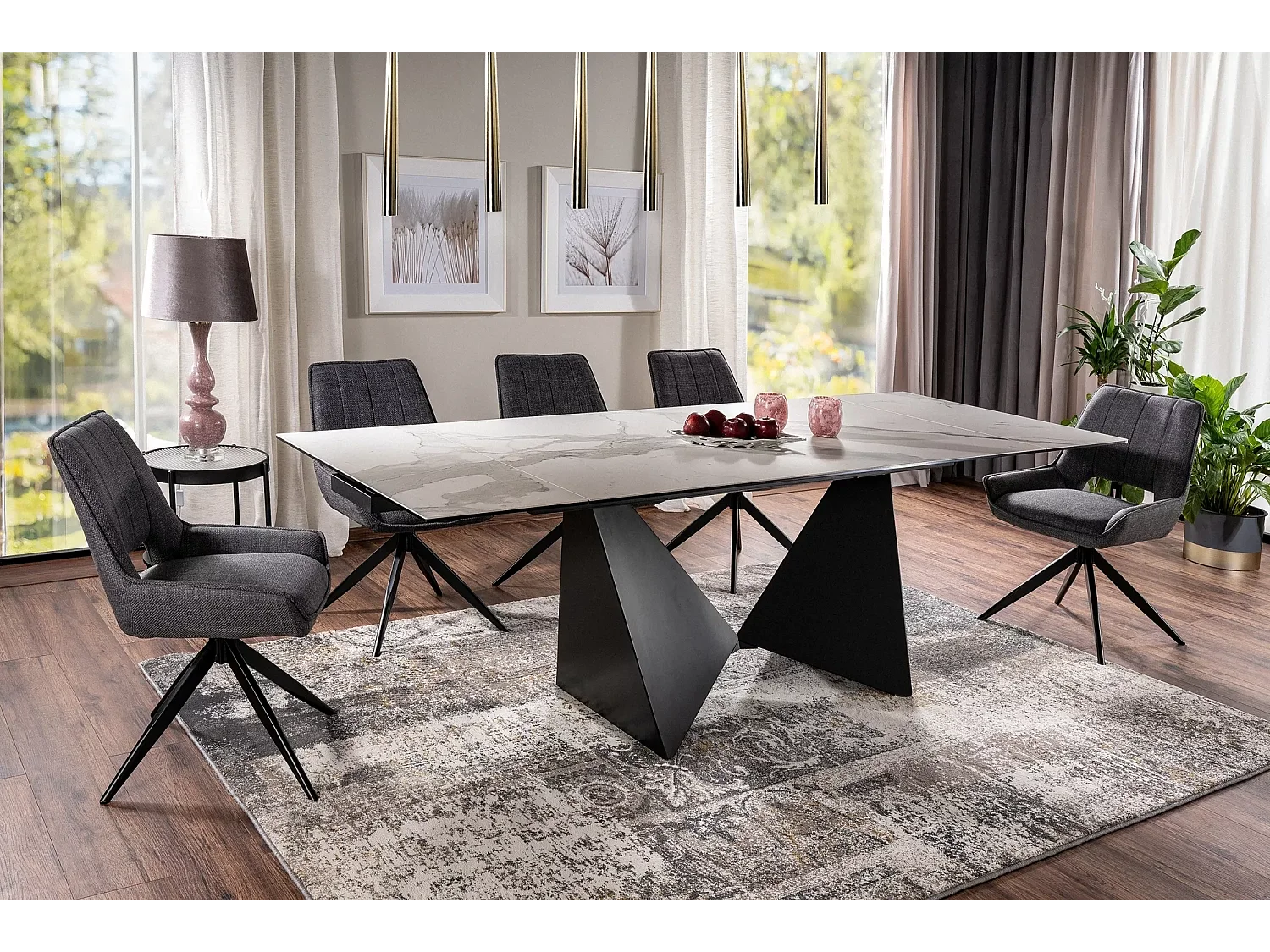 Table à manger Peterson (90x160-240)/céramique/Blanc&Noir