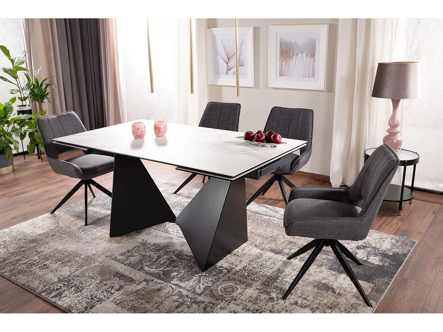 Table à manger Peterson (90x160-240)/céramique/Blanc&Noir