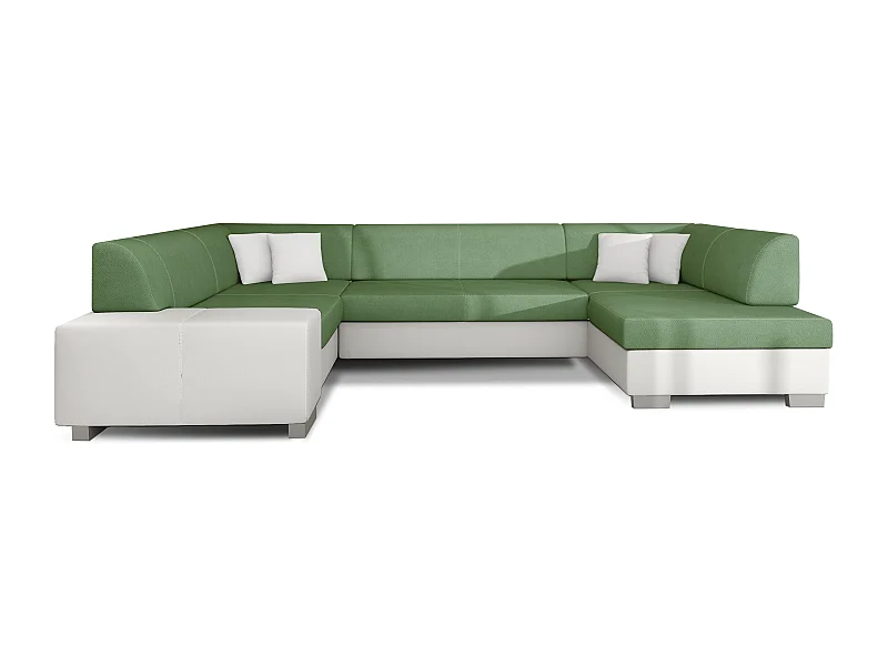 Canapé panoramique convertible HOUSTON en bi-matière avec coffre de rangement-Blanc/Vert clair-Coffre à droite