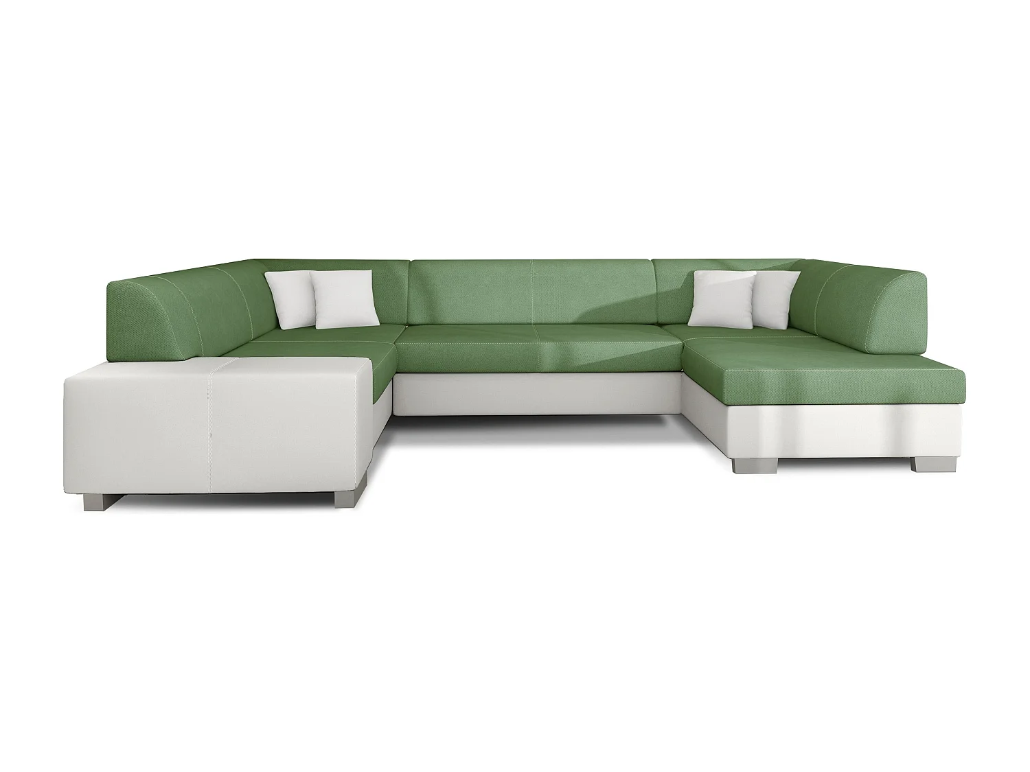 Canapé panoramique convertible HOUSTON en bi-matière avec coffre de rangement-Blanc/Vert clair-Coffre à droite