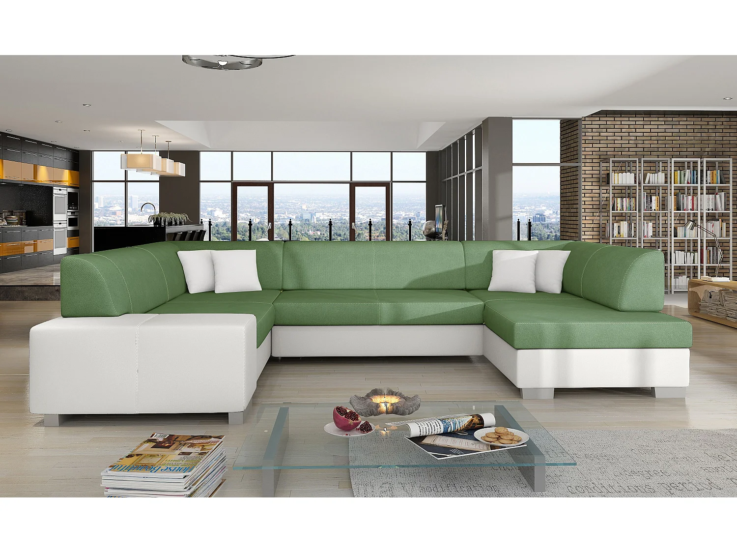 Canapé panoramique convertible HOUSTON en bi-matière avec coffre de rangement-Blanc/Vert clair-Coffre à droite