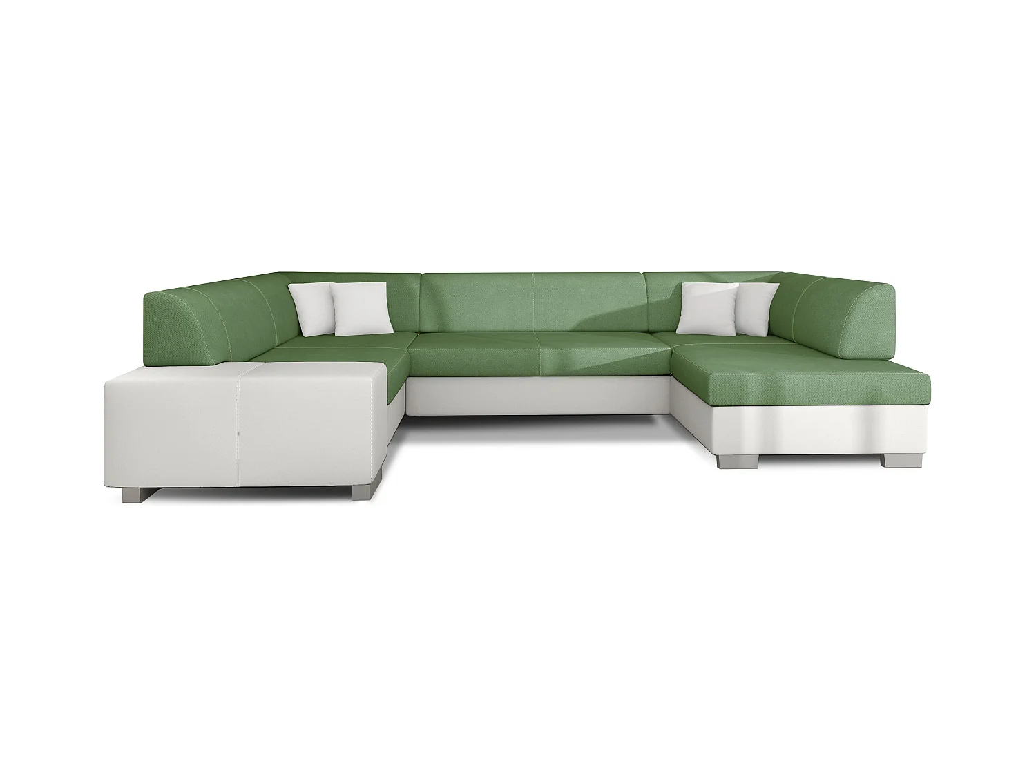 Canapé panoramique convertible HOUSTON en bi-matière avec coffre de rangement-Blanc/Vert clair-Coffre à droite