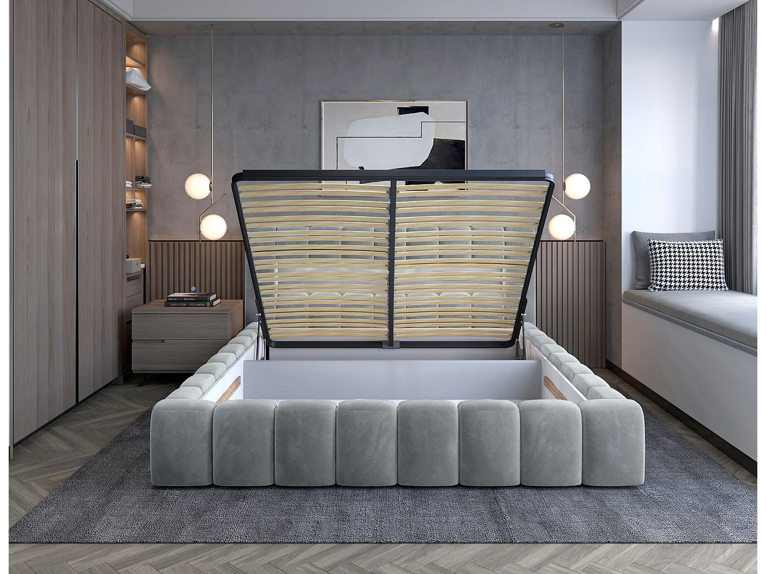Designbed met Luto fluwelen gestoffeerde box-Kleur Lichtgrijs-Slapen 180x200cm