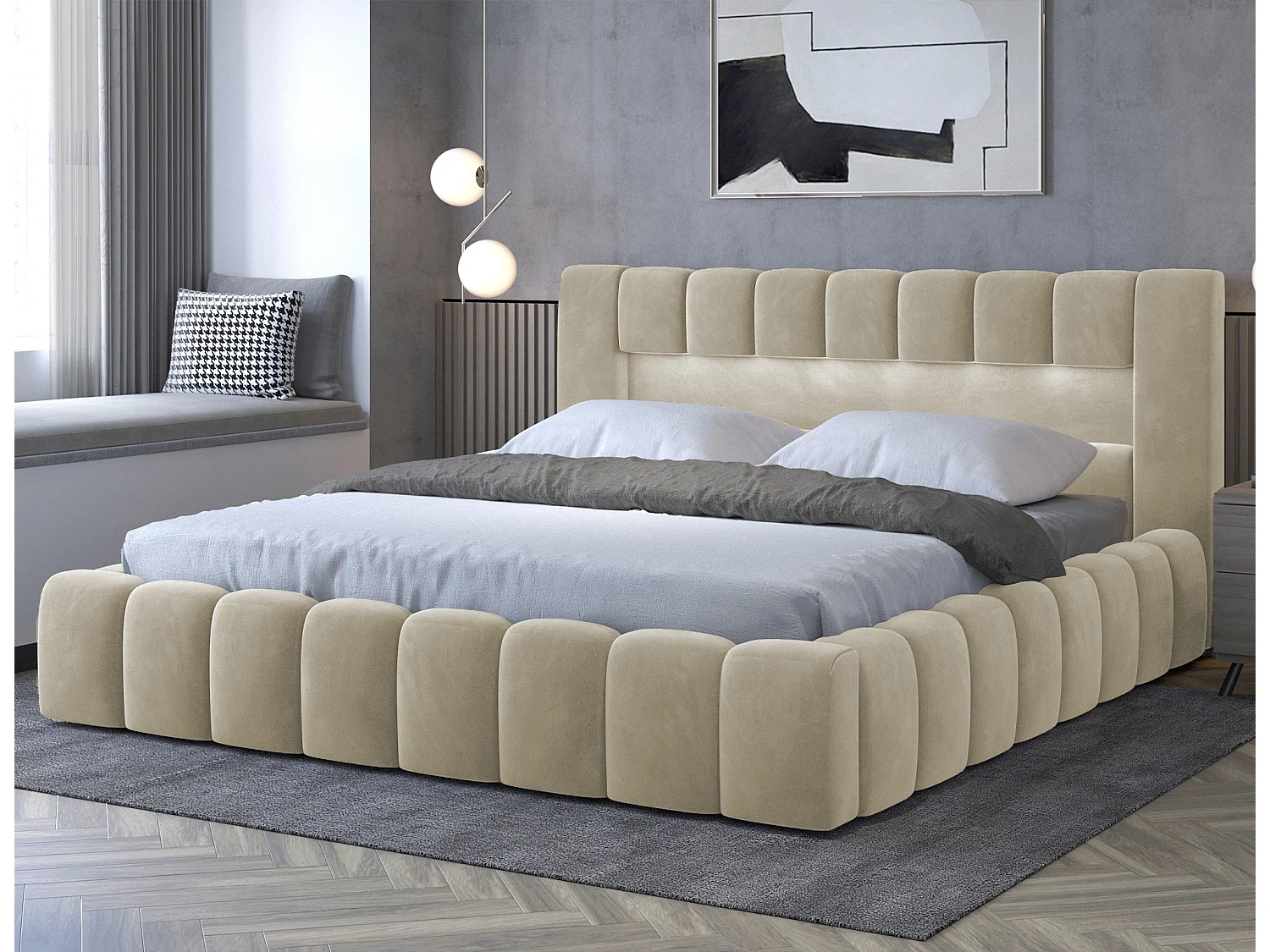 Bett Hero S-140x200/Samtstoffbezug/Beige