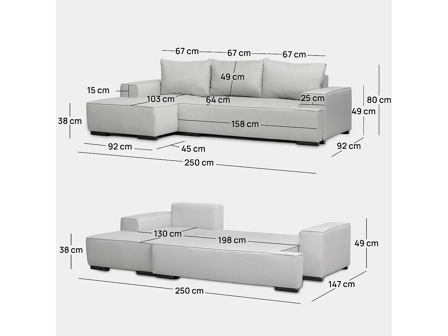 Canapé-lit en tissu gris 250x80 cm-Alan