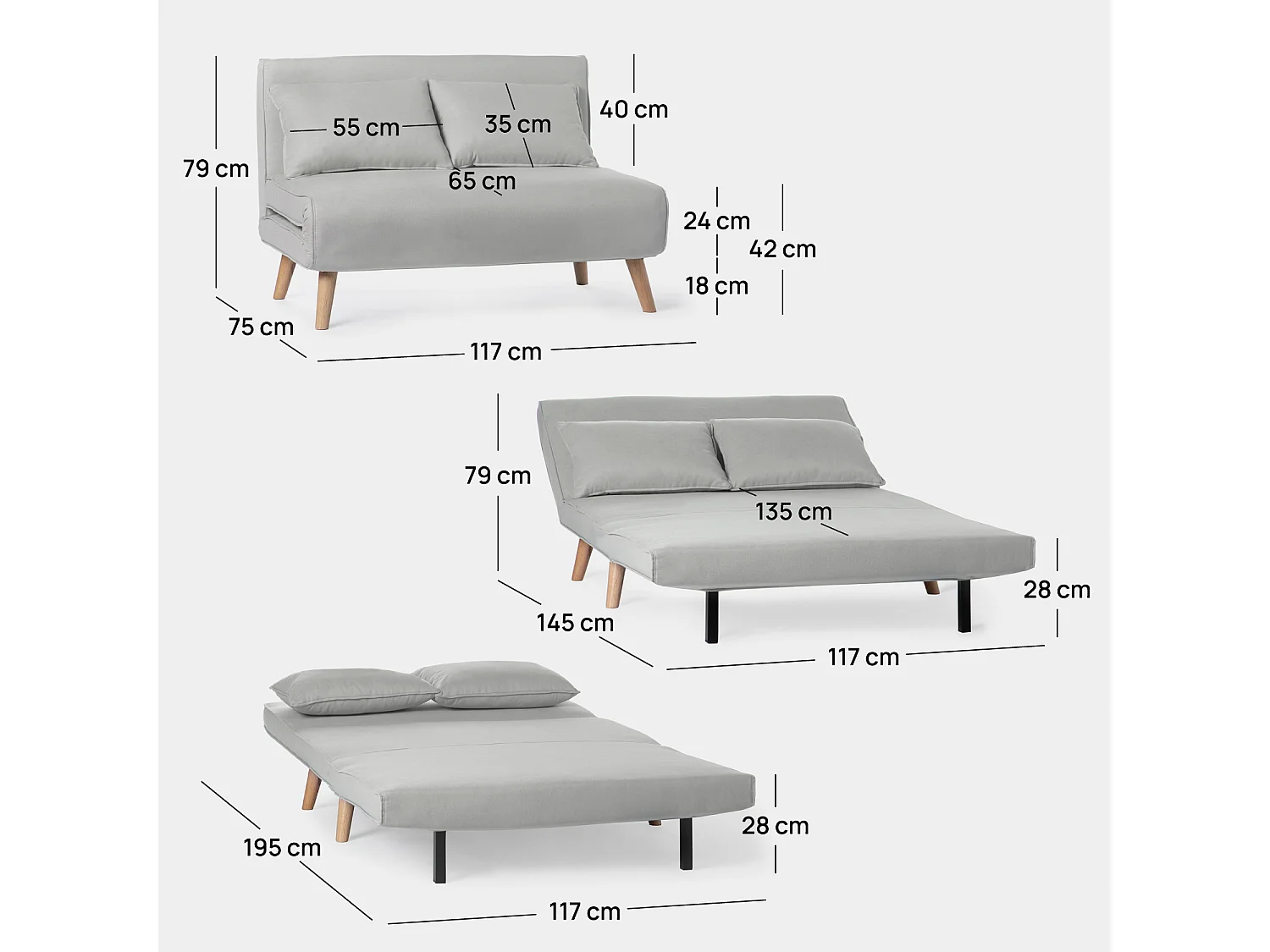 Canapé-lit en tissu gris 117x79 cm-Noa
