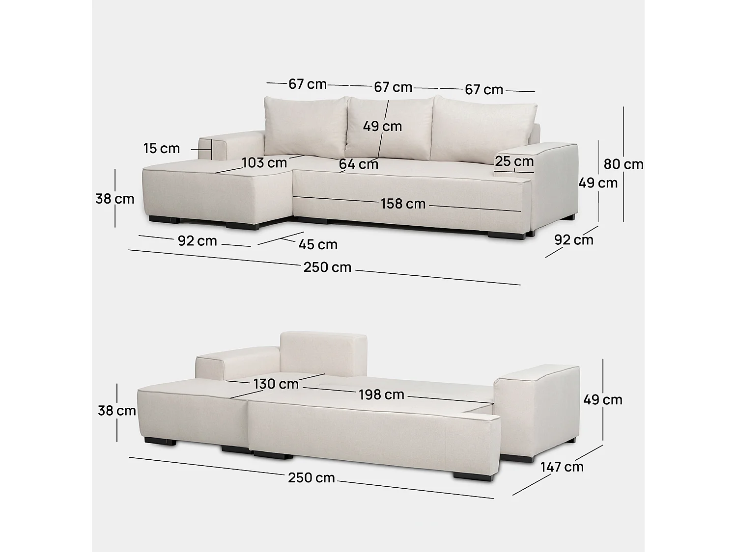 Canapé-lit en tissu beige 250x80 cm-Alan