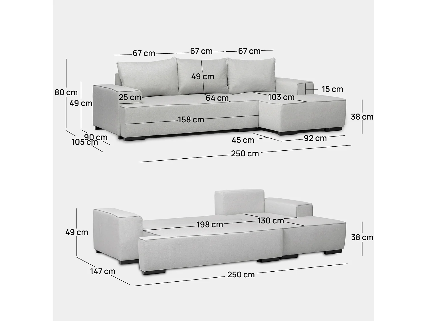Canapé-lit en tissu gris 250x80 cm-Alan