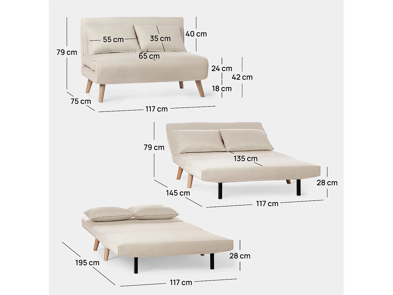 Sofá cama de Tela Beige 79 x 117- Noa