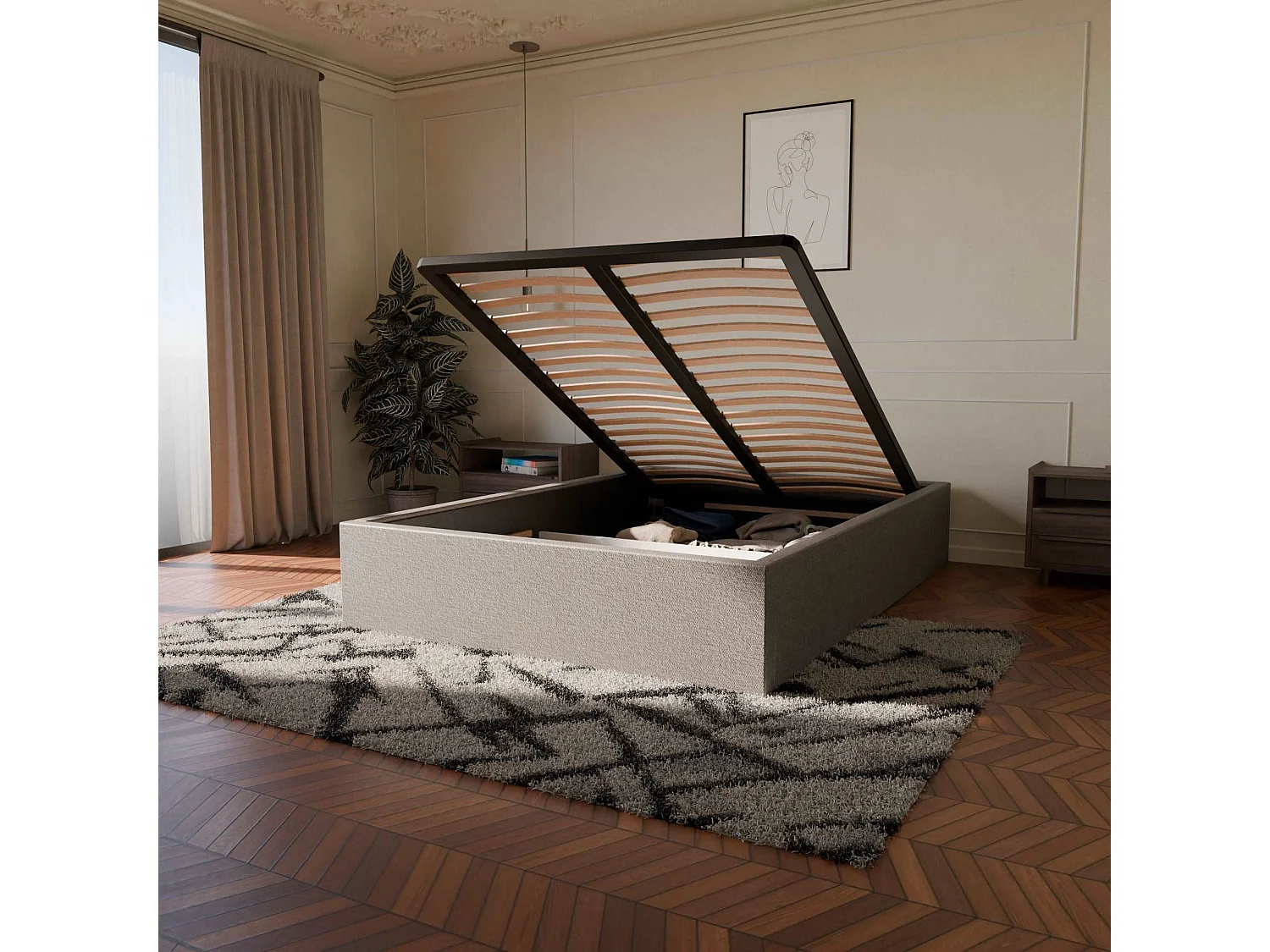 Pack lit coffre et matelas hybride 160x200 épais 30cm