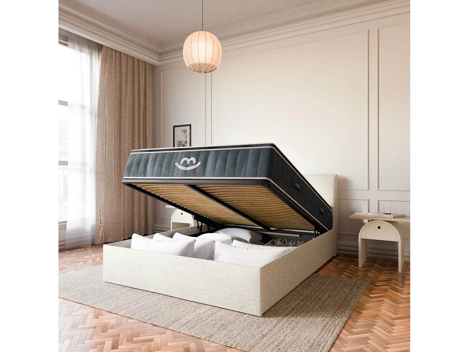 Pack lit coffre et matelas hybride 180x200 épais 30cm