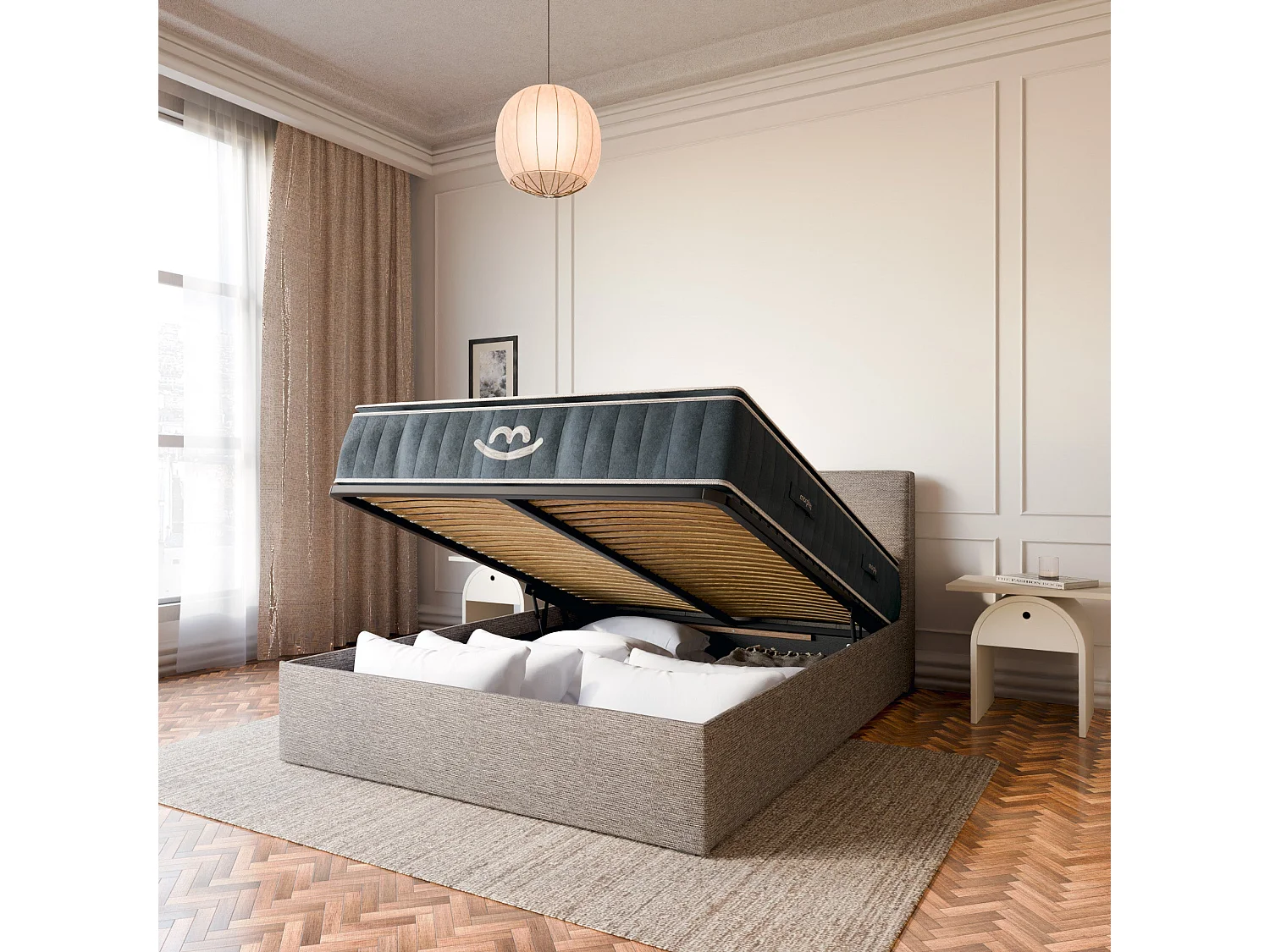 Pack lit coffre et matelas hybride 160x200 épais 30cm