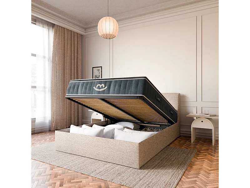 Pack lit coffre et matelas hybride 160x200 épais 30cm