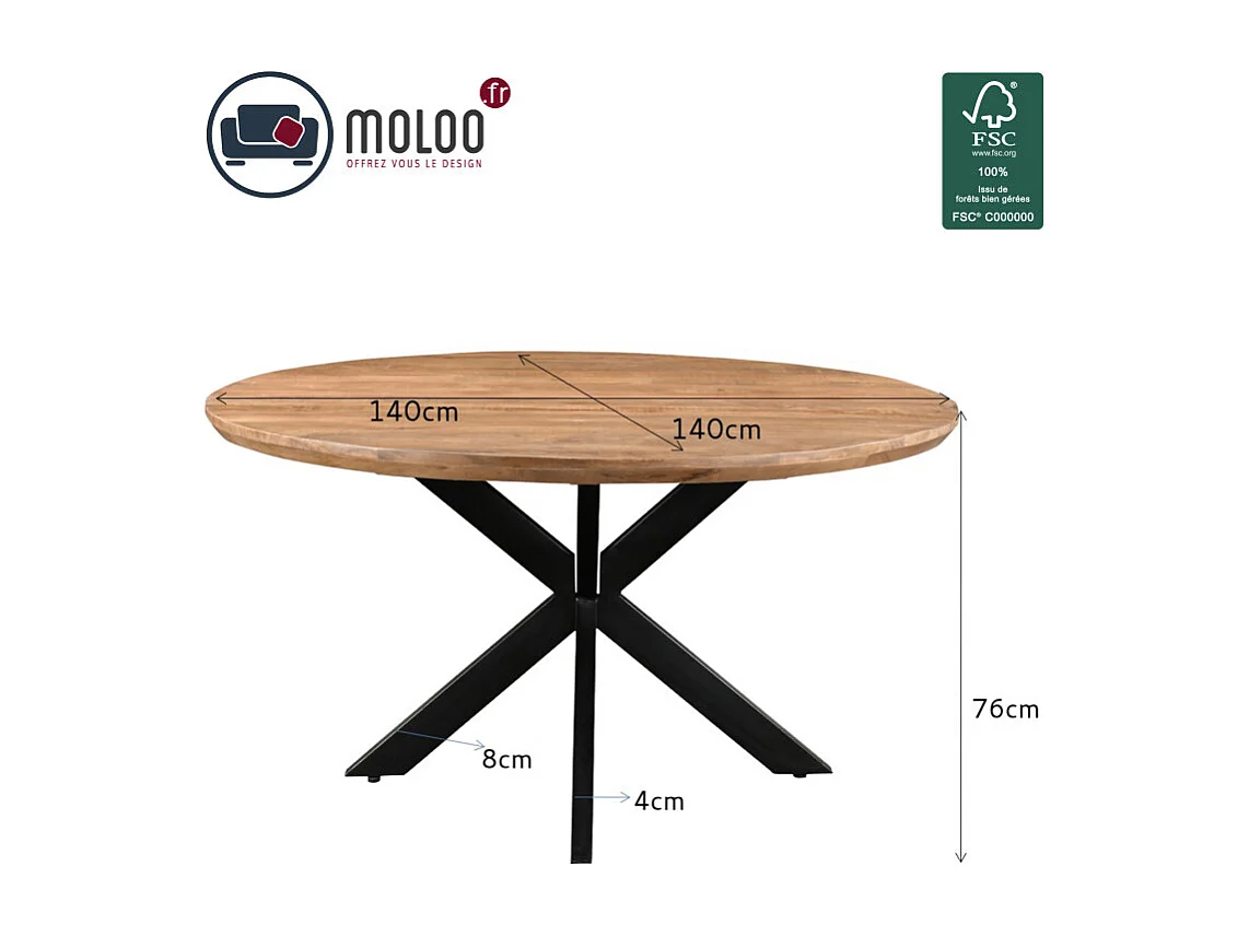 MACY-Table à manger Ronde 4 personnes 140 cm en bois massif