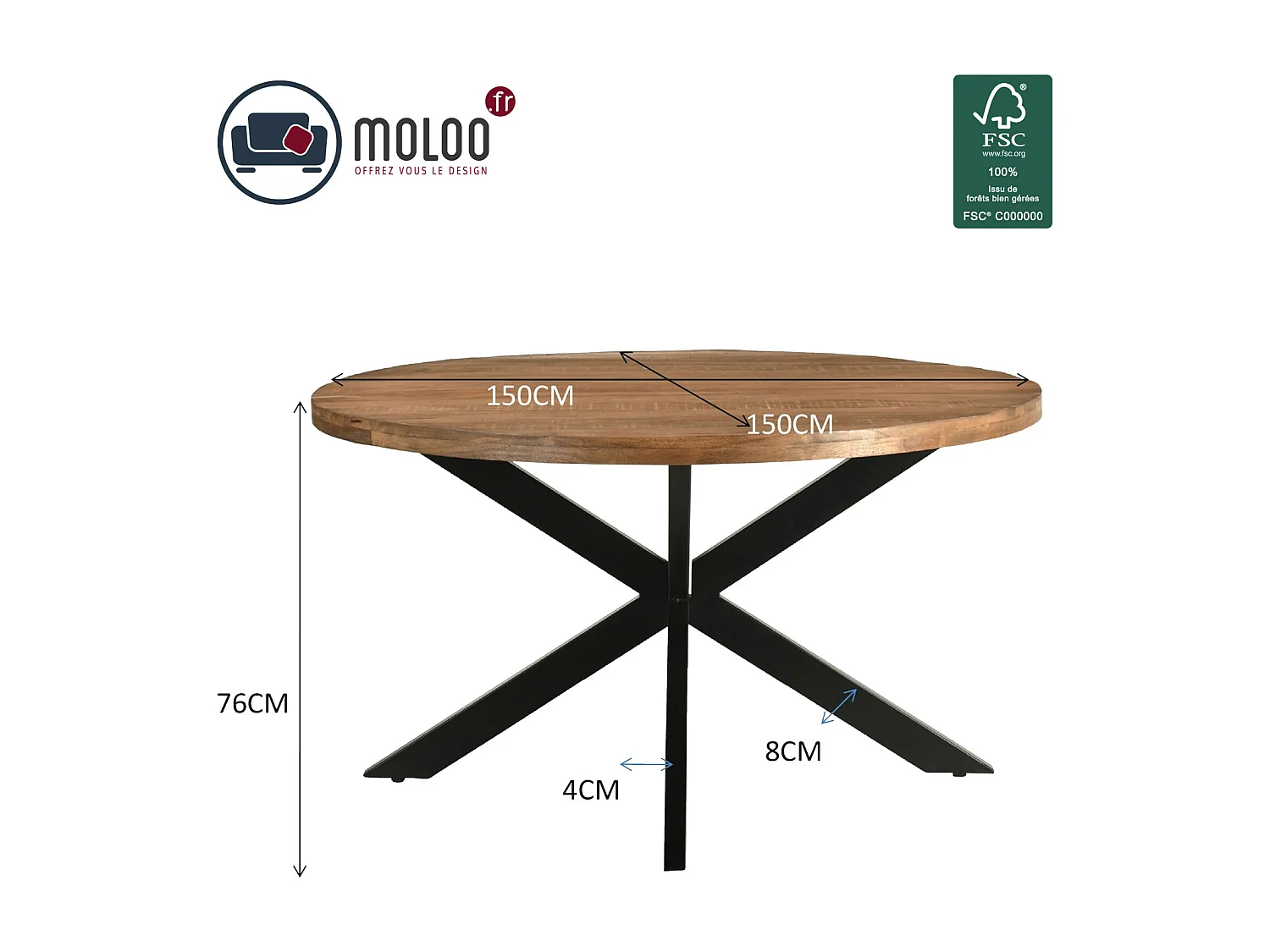 BARI-Mesa de comedor redonda 6 personas, D150 cm madera