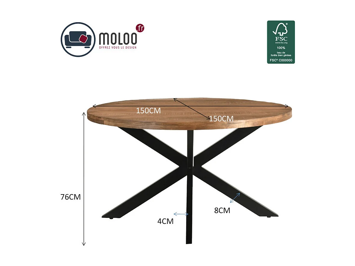 BARI-Mesa de comedor redonda 6 personas, D150 cm madera