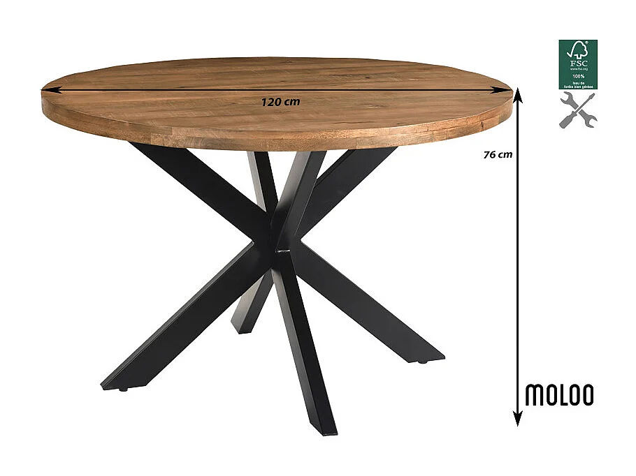 BARI-Table à manger Ronde 4 personnes D120 cm en bois massif