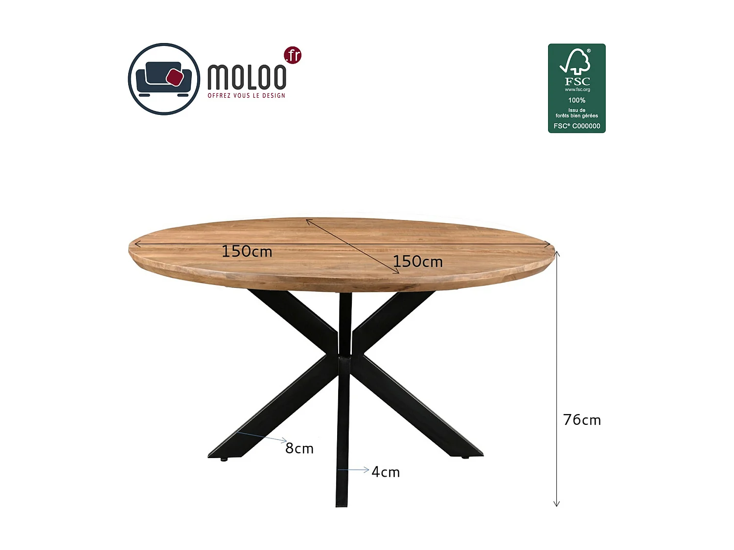 MACY-Table à manger Ronde 6 personnes 150 cm en bois massif