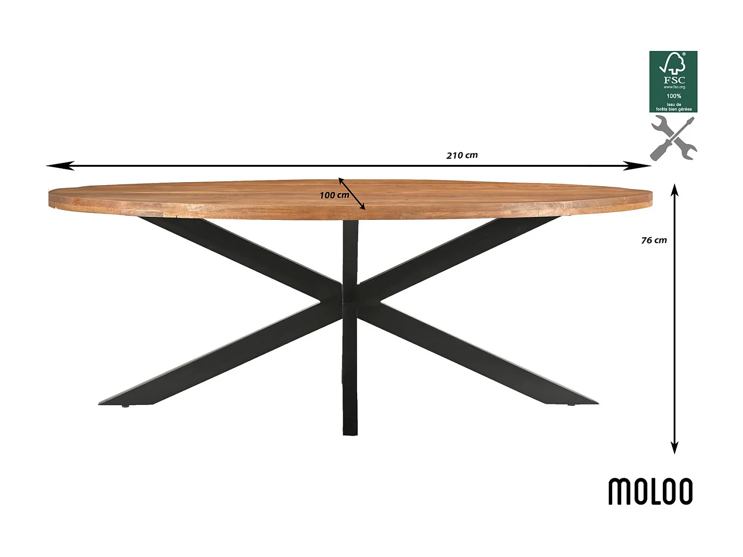 BARI-Table à manger Ovale 8/10 personnes 210 cm en bois massif