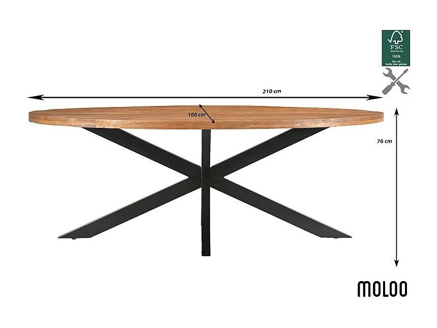 BARI-Table à manger Ovale 8/10 personnes 210 cm en bois massif